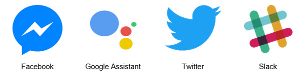 Logos of popular chatbots: Facebook Messenger, Google Assistant, Twitter bot & Slack