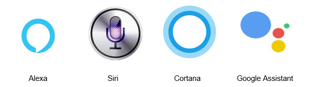 Logos of popular voice assistants: Alexa, Siri, Cortana & Google Assistant