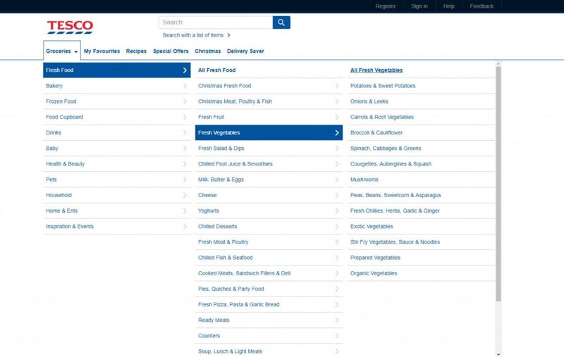 tesco groceries menu