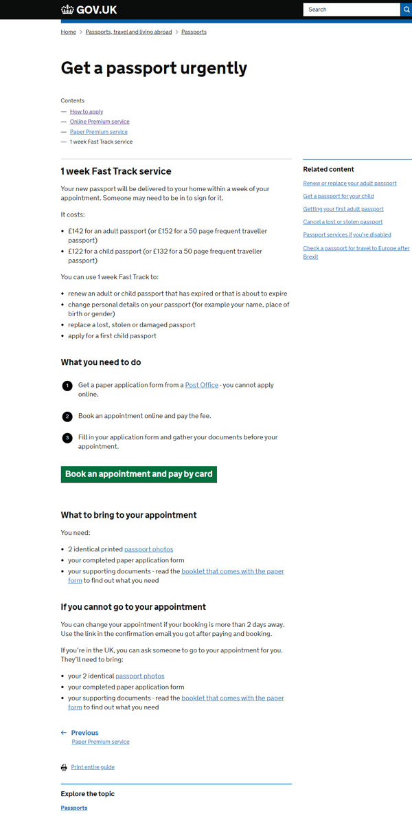 Screenshot of the 1 week fast track passport application page on gov.uk website