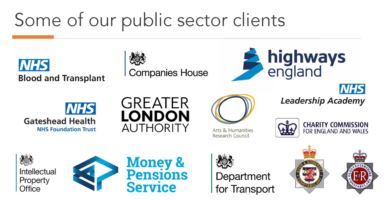 Public sector clients logos including NHS Blood and Transplant, Highways England, Intellectual Property Office