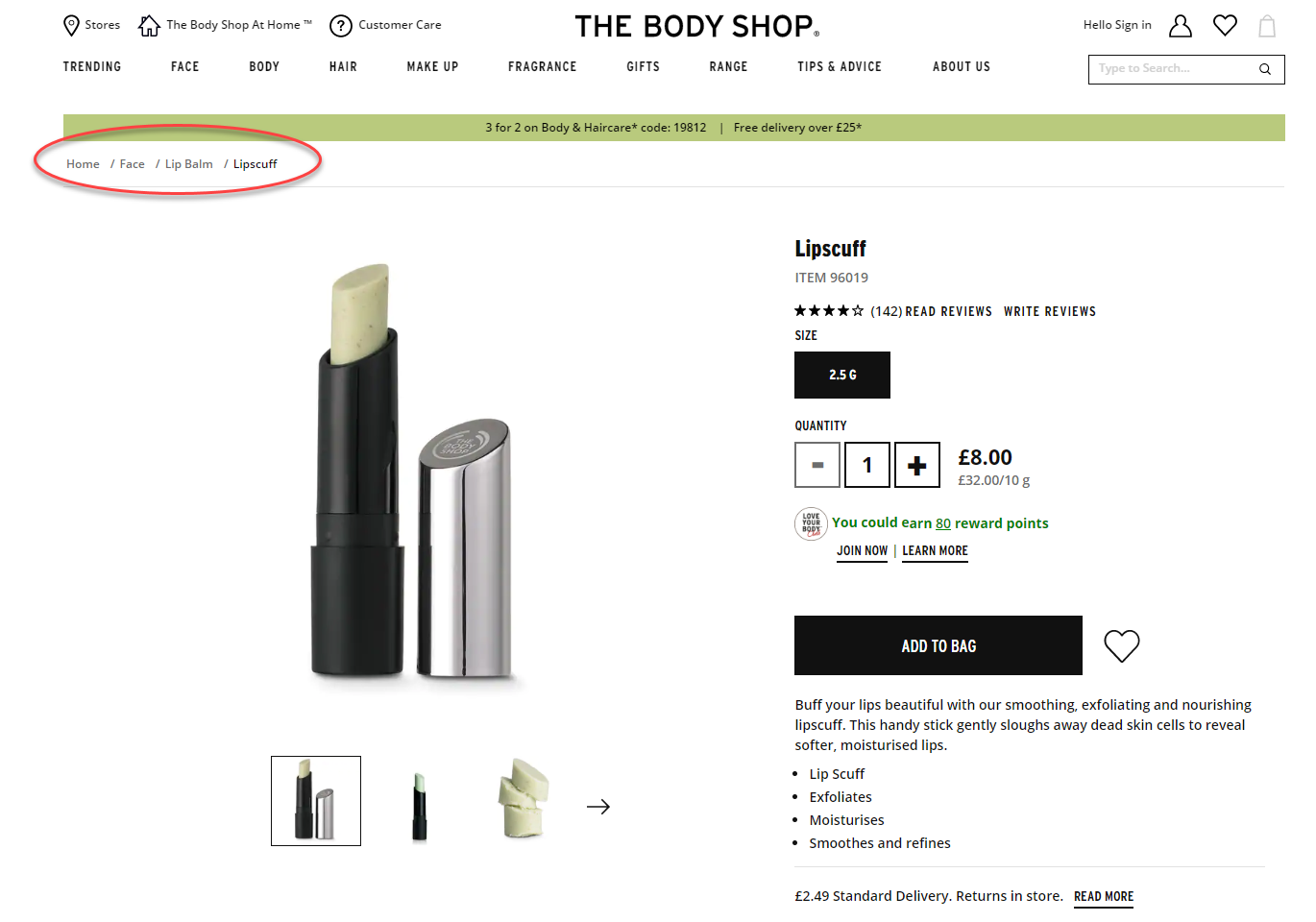 Example of clearly displayed breadcrumb link on The Body Shop website