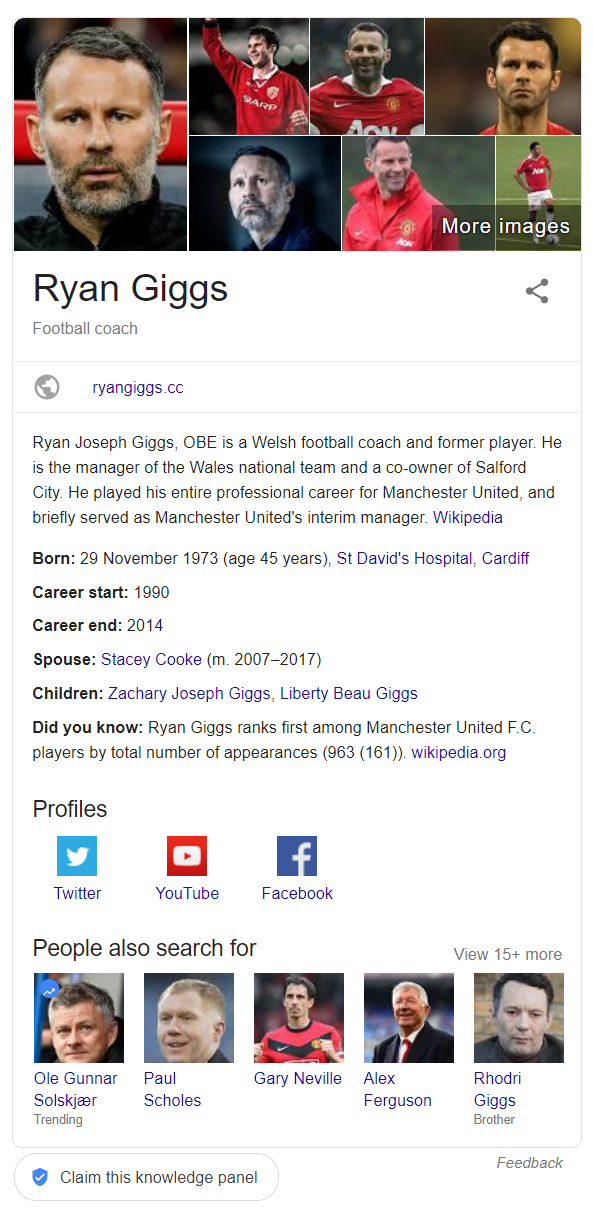 Example of Google's rich answer showing details on Ryan Giggs, Football Coach, including pictures, bio and fun facts