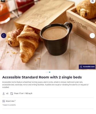 Ibis accessible room carousel image showing a croissant and cup of coffee