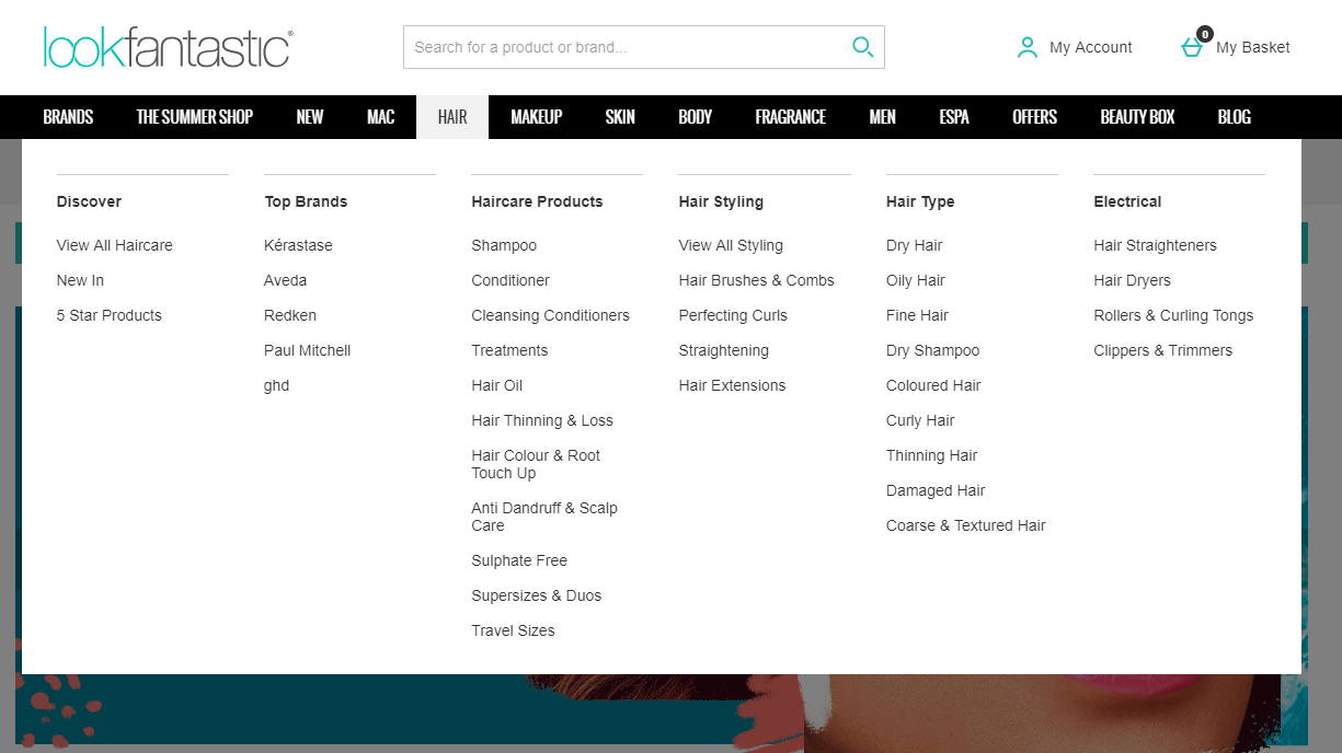 Example of a mega menu on the Look Fantastic website