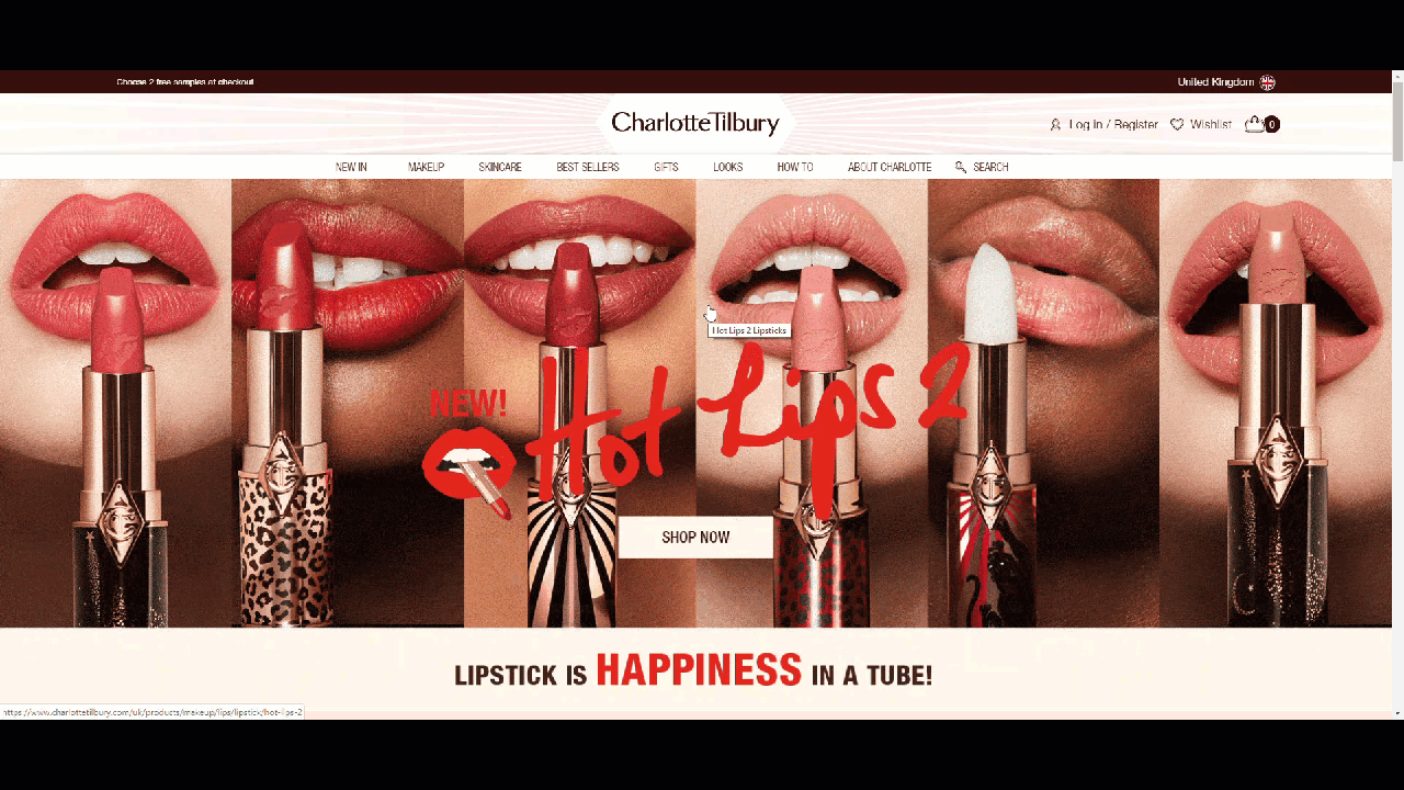 Example of a pinned menu bar on the Charlotte Tilbury website